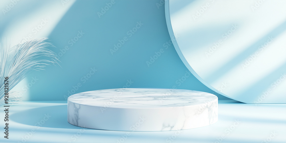 Aufkleber empty marble podium displaying on blue background with palm leaves for cosmetic product presentation