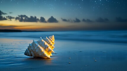 Conch Shell on a Starry Beach with Calm Waves