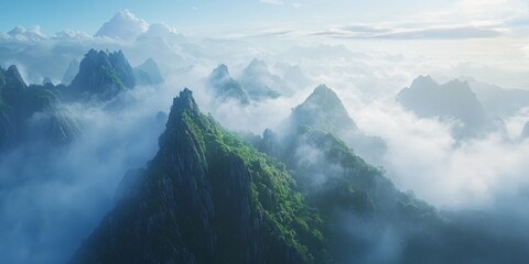 Misty Mountain Majesty: Anime-Style Enchantment at Dawn's Peak, Perfect for Adventurous Holiday Promotions and Travel Posters