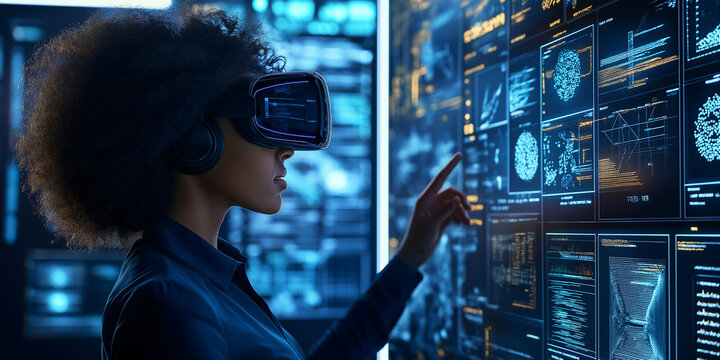 Developer is working with a vr headset in a data center