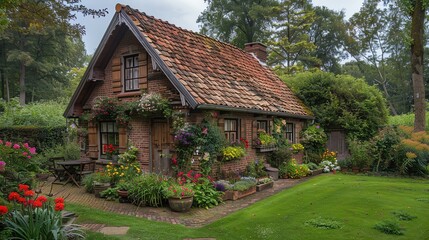 Obraz premium Charming cottage exterior, rustic facade, vibrant flower garden, cozy yard, traditional design, soft natural light