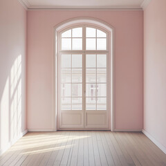 Fototapeta premium A clean, empty room with soft pastel pink walls, a large window letting in natural light