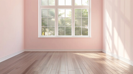 Fototapeta premium A clean, empty room with soft pastel pink walls, a large window letting in natural light