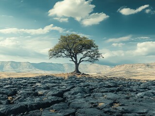 Produce a panoramic view of a desolate, solitary tree standing tall amidst a barren, rocky landscape, showcasing its enduring strength despite surrounding pain and hurt