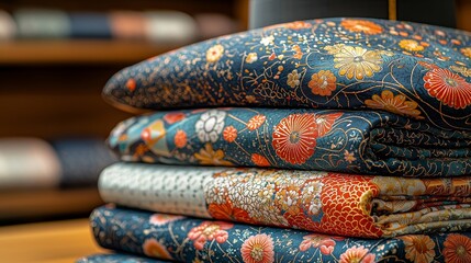 A vibrant stack of beautifully patterned fabric showcasing intricate floral designs, perfect for crafts or home decor projects.