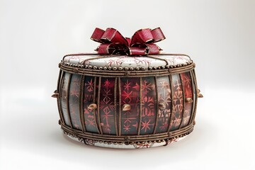A Beautifully Wrapped Drum Shaped Gift Box with a Decorative Red Bow on Isolated White Background