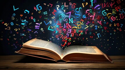 An open book on a wooden surface with colorful letters and numbers exploding from its pages.