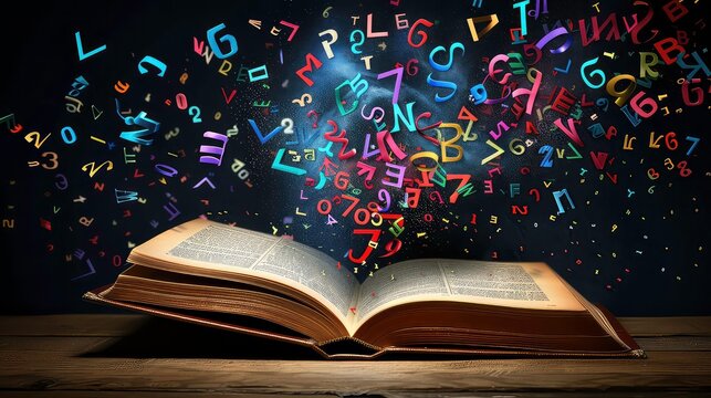 An open book on a wooden surface with colorful letters and numbers exploding from its pages.