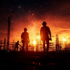 Obraz premium Silhouetted construction workers against a stunning sunset, capturing the essence of hard work and dedication in urban development.