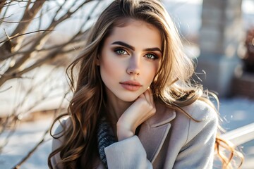Obraz premium Beautiful Woman with Long Blonde Hair in a Winter Coat.