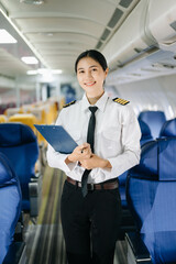 Asian Confident Feale pilot in uniform leaning at the passenger seat while standing inside of the airplane flight cockpit during takeoff © Nuttapong punna