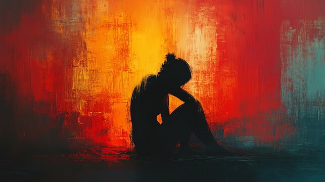 Silhouette of a woman sitting in front of an abstract painted background.