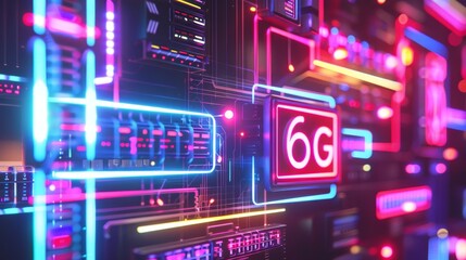 Fototapeta premium Typography art of terahertz communication devices for 6G, in a retro 80s synthwave style, enhancing future communications