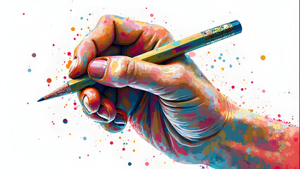 Trendy hand holding a pencil, abstract cutout hand halftone collage element for design montage