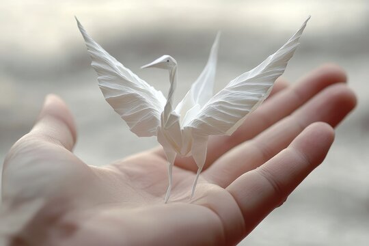 Hand folding origami paper, showing the fine details of crafting a delicate paper crane, precise and artistic