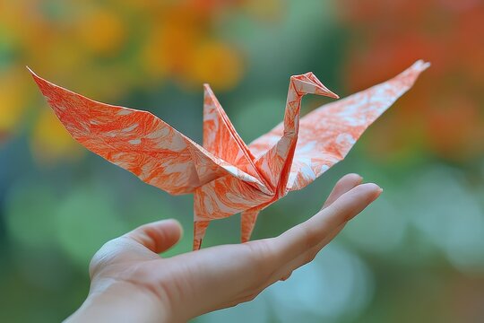 Hand folding origami paper, showing the fine details of crafting a delicate paper crane, precise and artistic