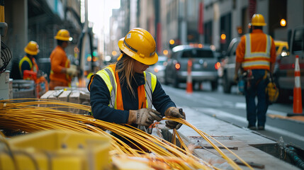 Construction Workers Installing Fiber Optic Cables in Urban Street 