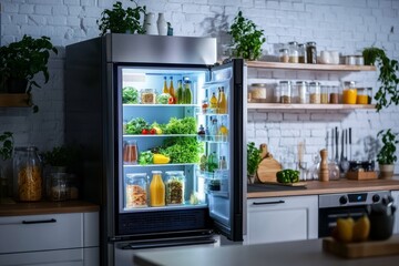 A smart fridge screen displaying recipes, detailed view of technology making life easier, connected and futuristic kitchen