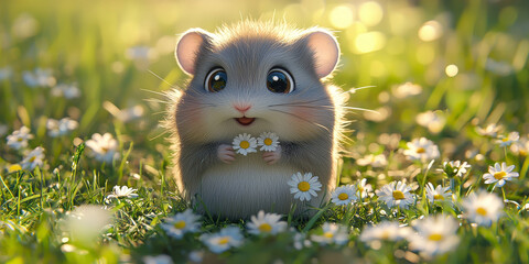 Fototapeta premium a cute cartoon hamster standing on the grass, generative AI