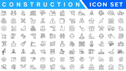 construction simple line isolated icon collection. Editable Stroke. Repair, Renovation, Work Tools, Materials