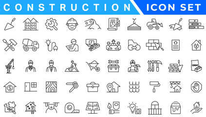 construction simple line isolated icon collection. Editable Stroke. Repair, Renovation, Work Tools, Materials