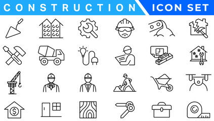 construction simple line isolated icon collection. Editable Stroke. Repair, Renovation, Work Tools, Materials