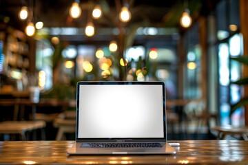 Fototapeta premium Open Laptop on Wooden Table with Blurry Cafe Background