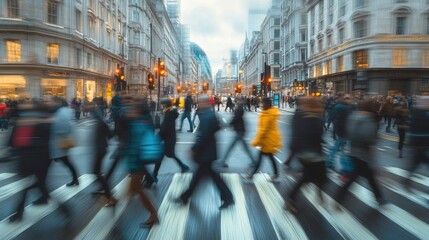 Obraz premium Panoramic Shot of People Walking in the City of London, Blurred for Dynamic Effect