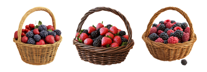 Set of fruit baskets filled with berries isolated on transparent background