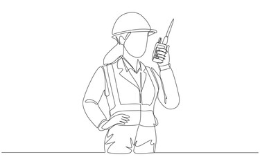 Continuous one line drawing of female engineer holding walkie-talkie to talk to the foreman at a construction site, construction project concept, single line art.