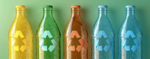 Row of recycled glass bottles with colorful caps and recycling symbols, promoting sustainability and eco-friendly packaging on a green background.