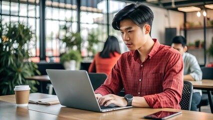 Young Asian Man Working on Laptop in Office.