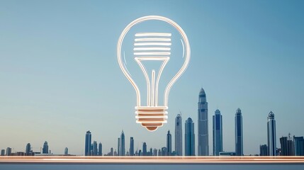 Futuristic skyline with light trails forming a lightbulb, symbolizing the bright future of urban innovation and motivation
