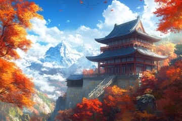 Obraz premium Anime-Style Enchanted Autumn Mountain Temple: A Touch of Realism to the Virtual World, Ideal for Travel Posters, UI Design, Creative Marketing, and Perfect for Gaming Art and Storybook Illustrations 