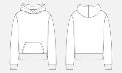Long sleeve hoodie technical drawing fashion flat sketch vector illustration template front and back views. 