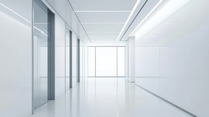 Modern Minimalistic White Hallway Featuring Clean Lines and Glass Doors Reflecting Light