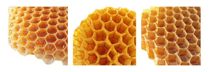 Honeycomb texture isolated on transparent background, close-up of golden hexagonal patterns in honeycomb structure