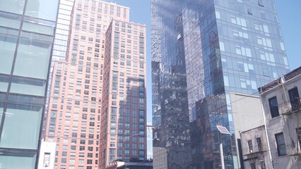 New York City, United States. Hudson Yards urban architecture, High Line in Chelsea, Manhattan Midtown, NYC, USA. New modern high-rise glass skyscrapers, american business buildings and real estate.