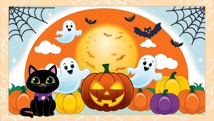 Playful Halloween scene with pumpkins, ghosts, and a black cat.