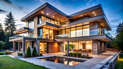Modern luxury home with swimming pool and patio at dusk.