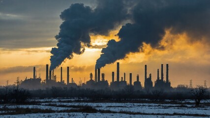 Polluting industrial plants against a sunset backdrop.