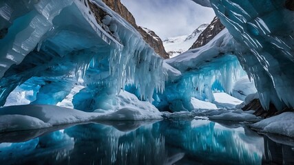Stunning view inside a crystal-clear ice cave.