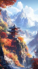 Obraz premium Anime-Style Enchanted Autumn Mountain Temple: A Touch of Realism to the Virtual World, Ideal for Travel Posters, UI Design, Creative Marketing, and Perfect for Gaming Art and Storybook Illustrations 