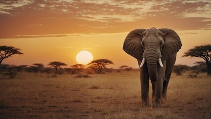 African elephant at sunrise in the savannah.