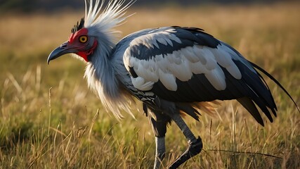 Majestic secretarybird striding through a grassland. vulture in serengeti national park serengeti country