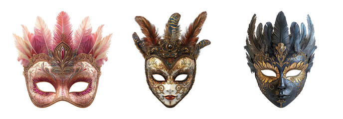 Carnival masks isolated on transparent background, ornate masquerade mask set