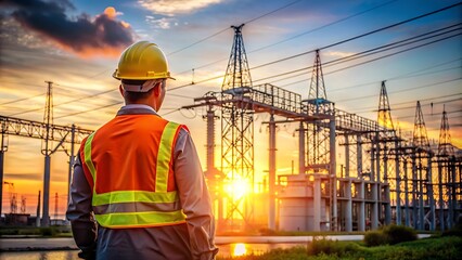Engineer at Power Plant Sunset.