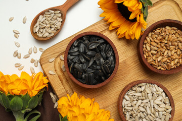 Sunflower seeds, tasty snack, concept of harvest