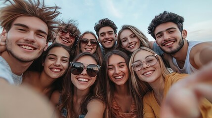 Fototapeta premium Group of Excited Young Friends Taking a Selfie Together