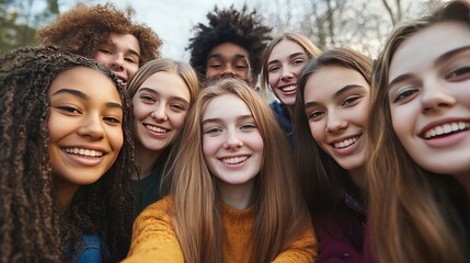 Obraz premium Group of Excited Young Friends Taking a Selfie Together